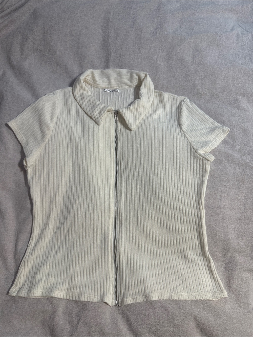 Reformation Cream Ribbed Zip-Front Collared Top - Picture 2 of 6